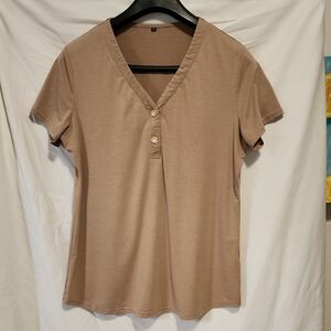 Casual Tan V-Neck Buttoned Women's Top